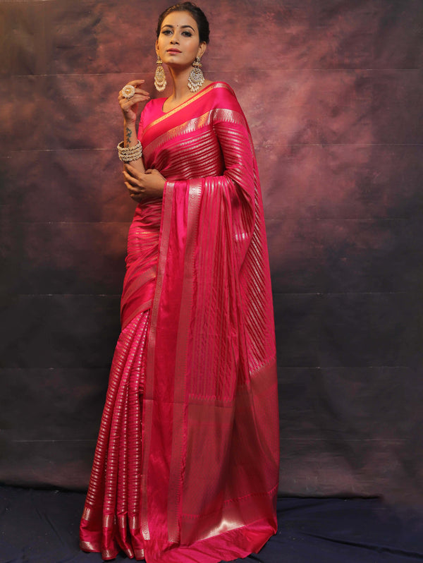 Banarasee Handwoven Semi Silk Saree With Stripes Design & Solid Border-Pink