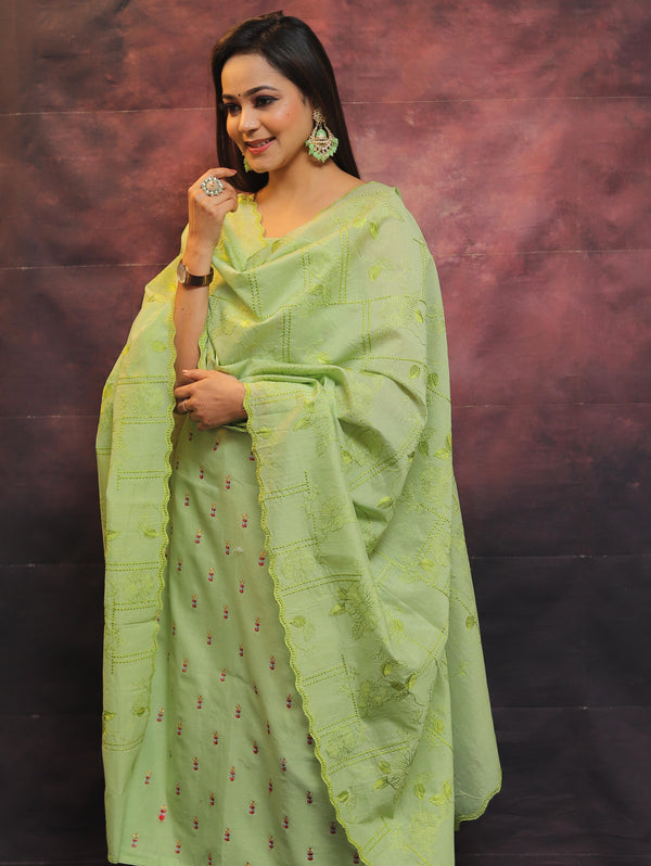 Banarasee Chanderi Cotton Embroidered Salwar Kameez Fabric With Dupatta-Green