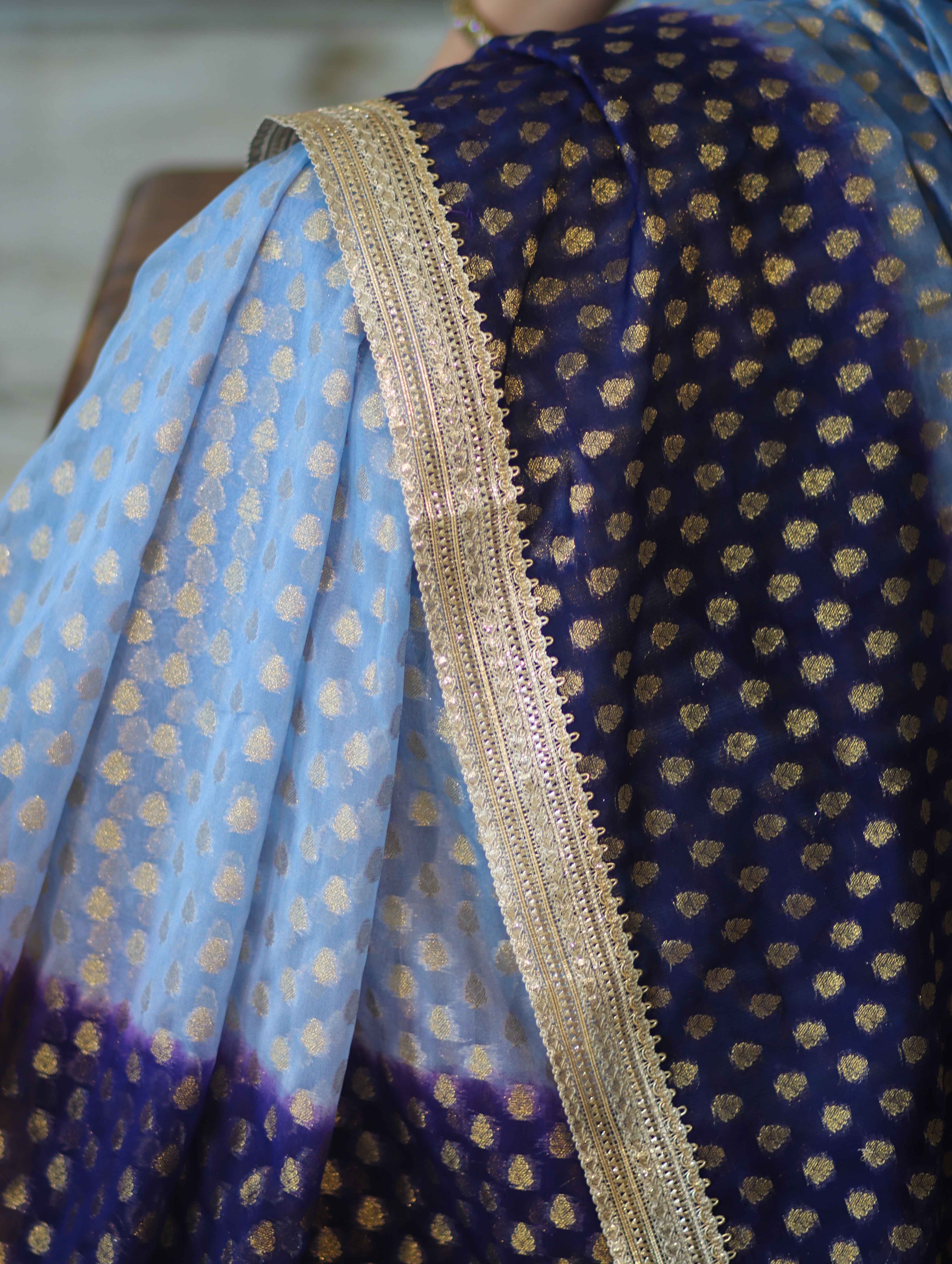 Banarasee Handwoven Dual Color Semi-Chiffon Saree With Zari Work & Lace Border-Blue