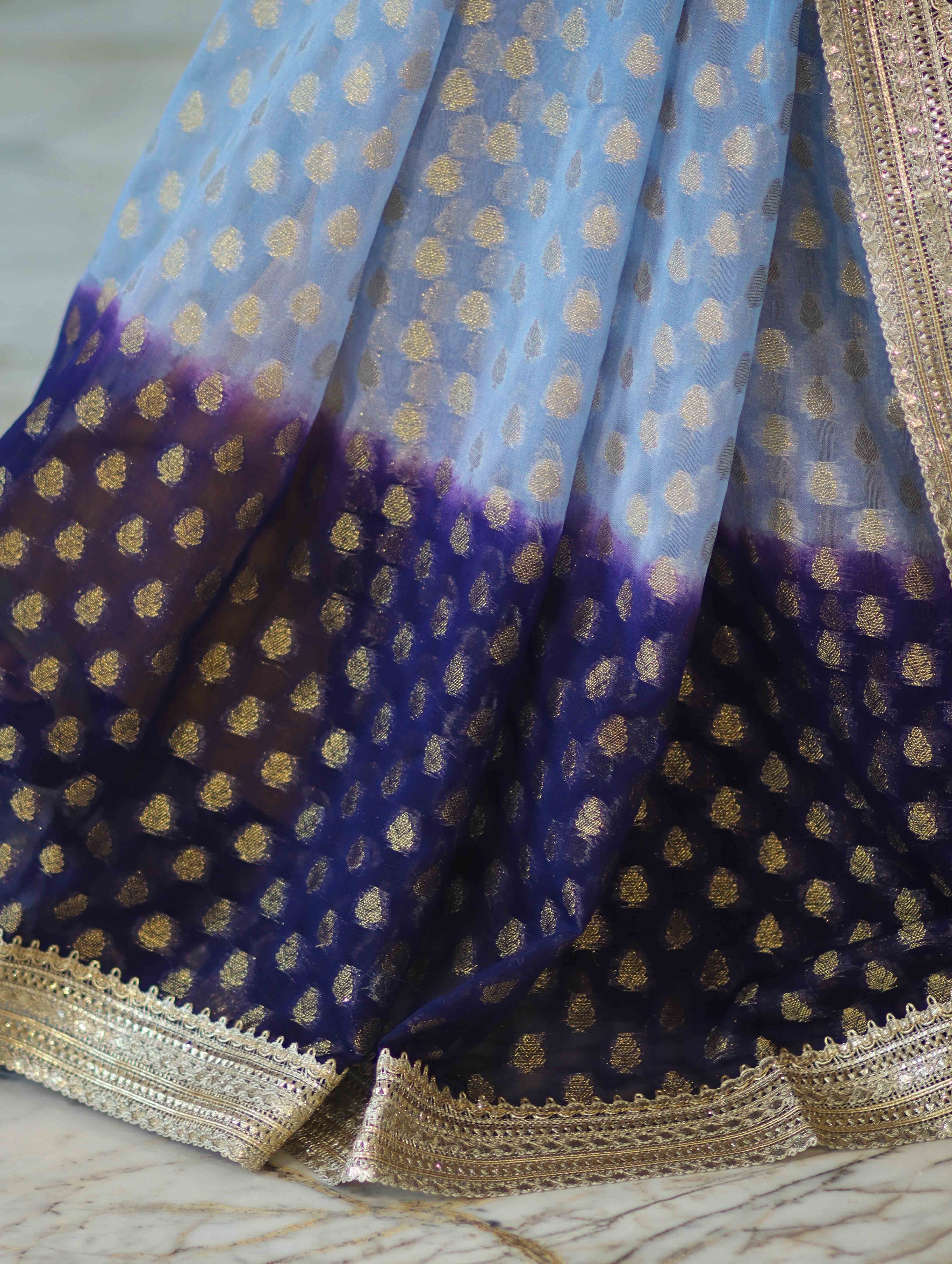 Banarasee Handwoven Dual Color Semi-Chiffon Saree With Zari Work & Lace Border-Blue