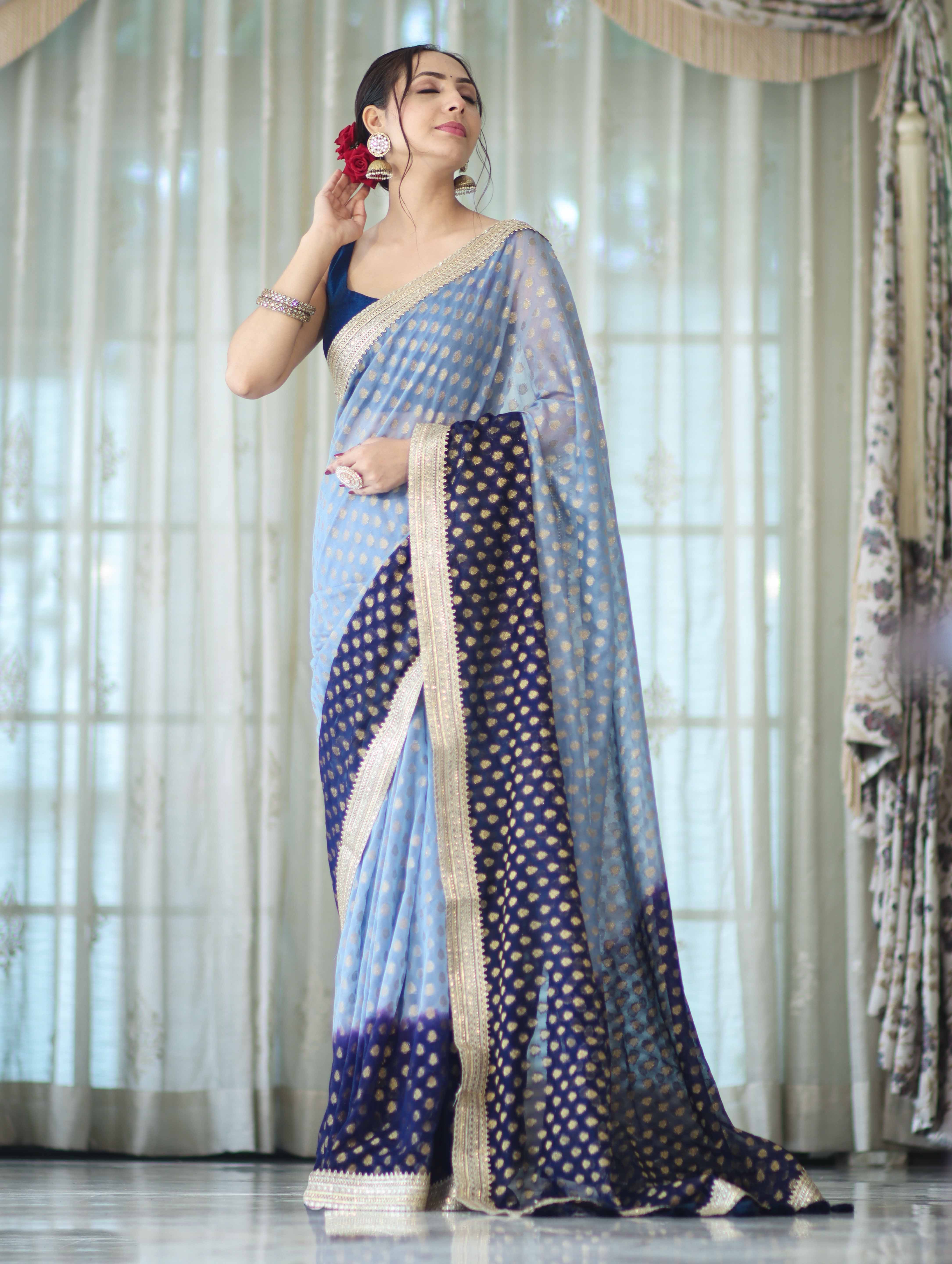Banarasee Handwoven Dual Color Semi-Chiffon Saree With Zari Work & Lace Border-Blue