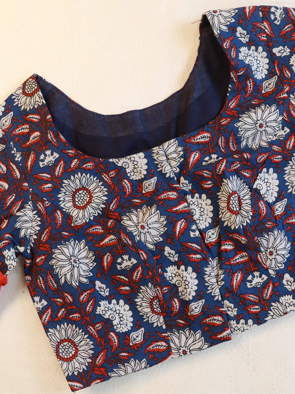 Pure Cotton Handblock Printed Blouse With Bell Sleeves Sleeves-Blue