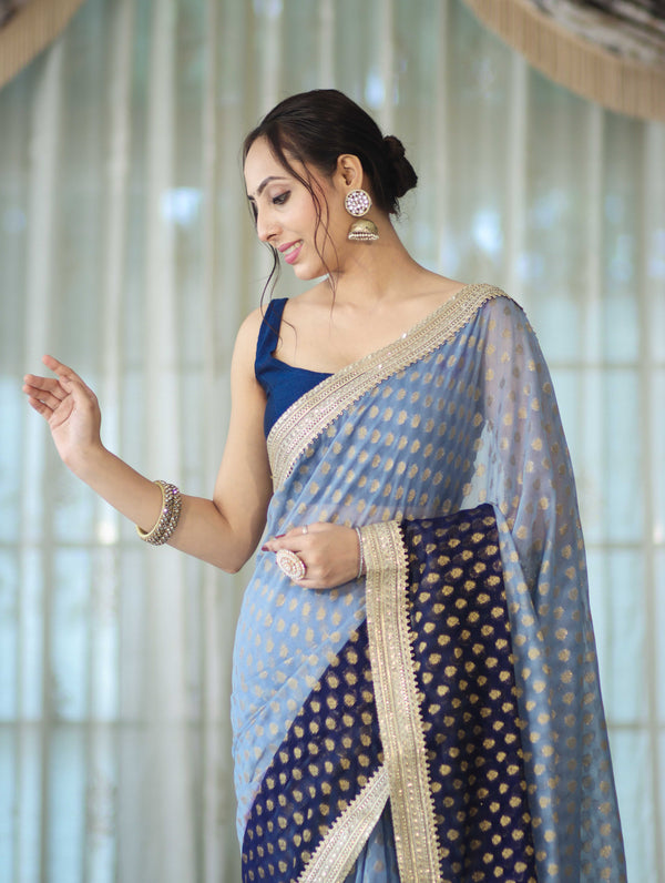 Banarasee Handwoven Dual Color Semi-Chiffon Saree With Zari Work & Lace Border-Blue