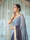 Banarasee Handwoven Dual Color Semi-Chiffon Saree With Zari Work & Lace Border-Blue
