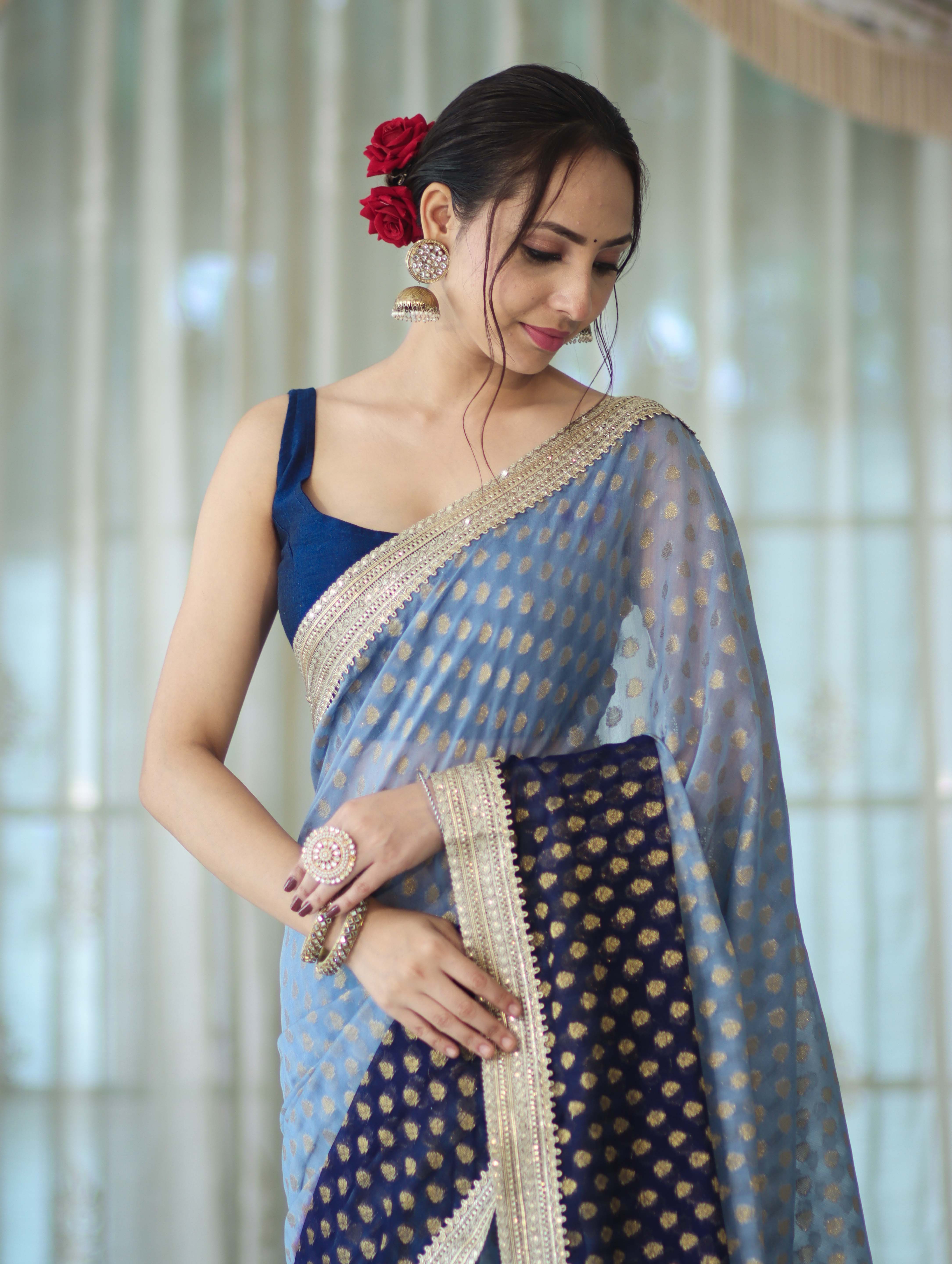 Banarasee Handwoven Dual Color Semi-Chiffon Saree With Zari Work & Lace Border-Blue