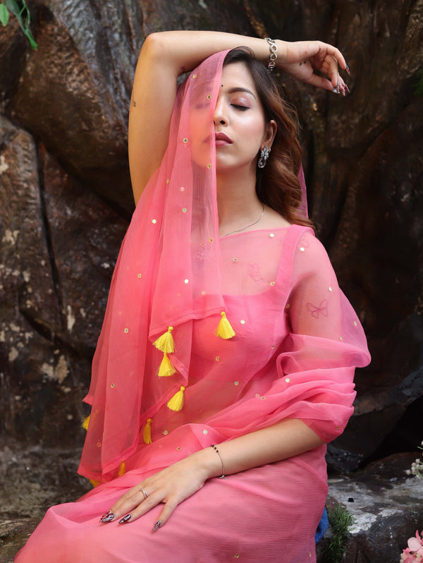 Banarasee Handwoven Semi Chiffon Saree With Mirror Work-Light Pink