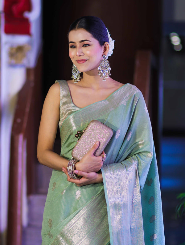 Banarasee Handloom Semi Silk Saree With Zari Stripes Buta Design & Broad Border-Pastel Green