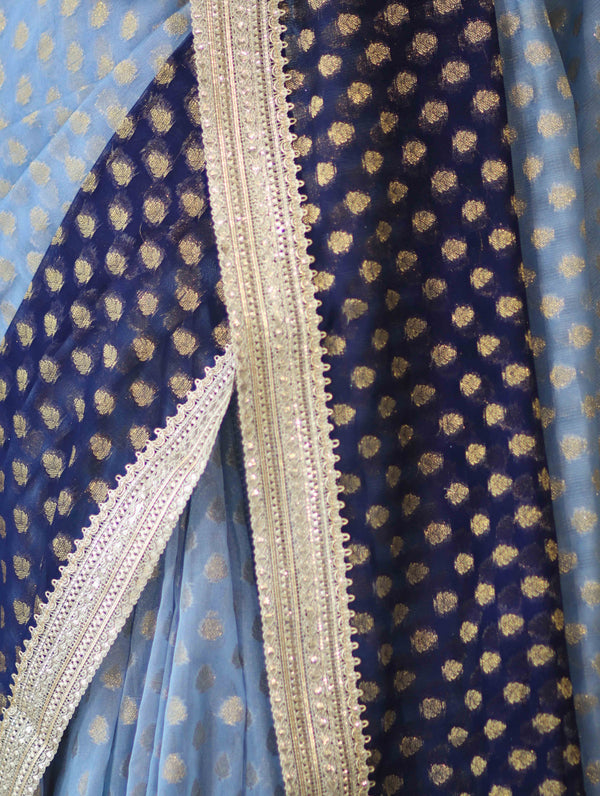 Banarasee Handwoven Dual Color Semi-Chiffon Saree With Zari Work & Lace Border-Blue