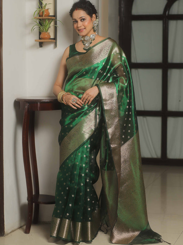 Banarasee Handwoven Tissue Saree Zari Border With Buti Design-Green