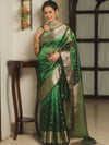Banarasee Handwoven Tissue Saree Zari Border With Buti Design-Green