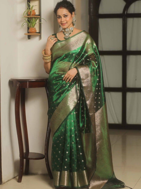 Banarasee Handwoven Tissue Saree Zari Border With Buti Design-Green
