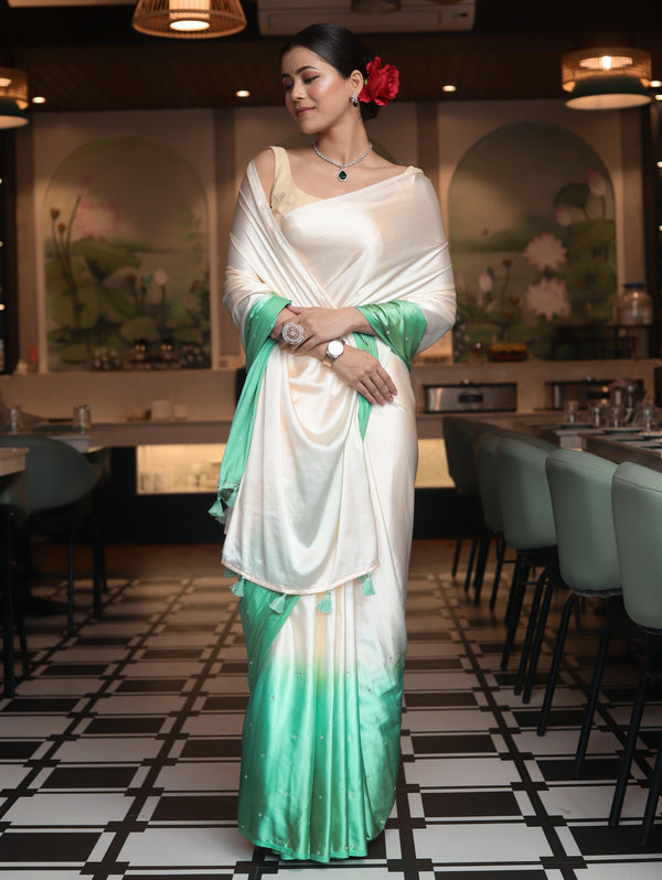 Banarasee Handloom Satin Hand Dyed Saree With Mirror Work-Light Yellow & Mint Green