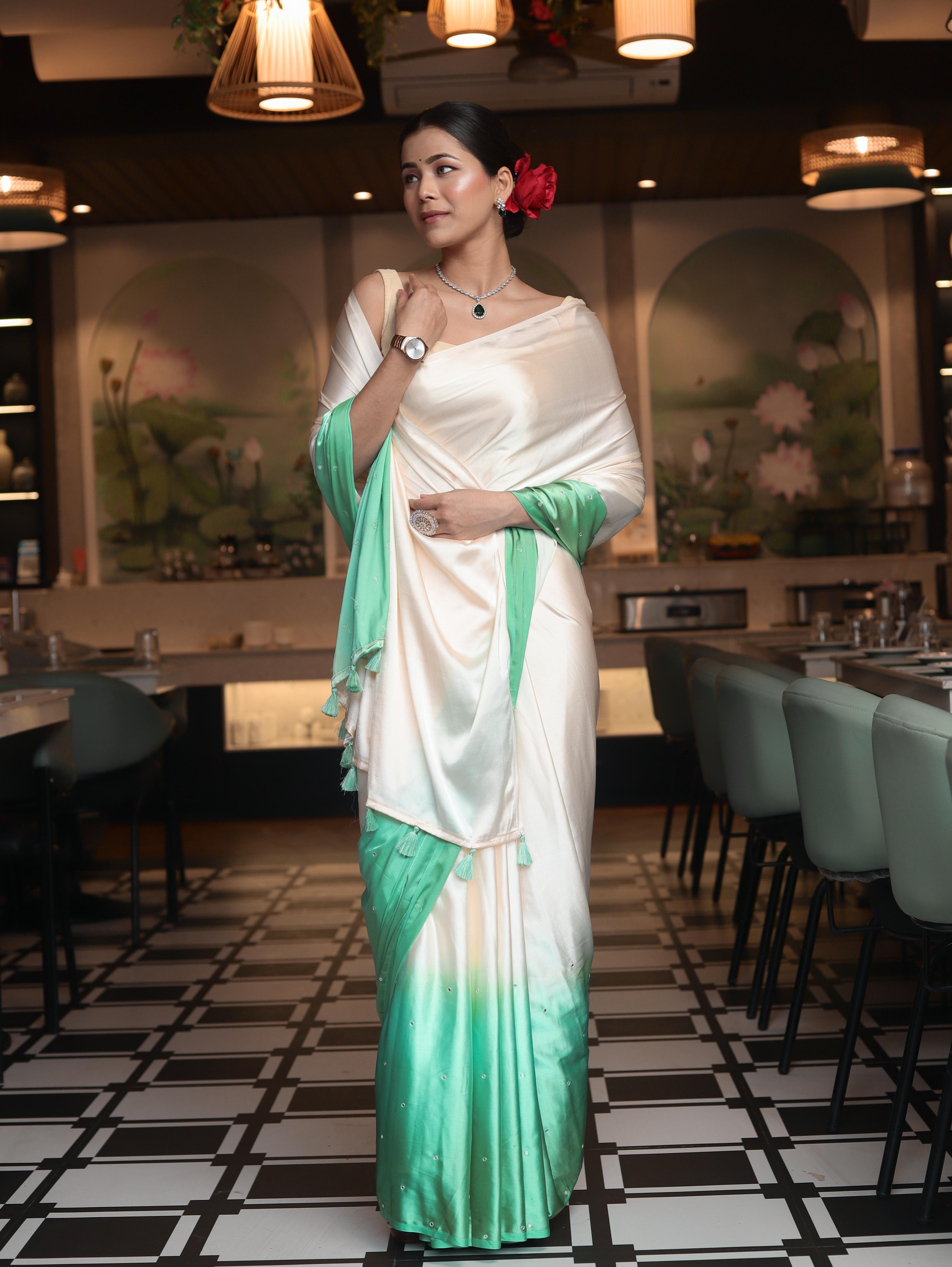Banarasee Handloom Satin Hand Dyed Saree With Mirror Work-Light Yellow & Mint Green