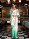 Banarasee Handloom Satin Hand Dyed Saree With Mirror Work-Light Yellow & Mint Green