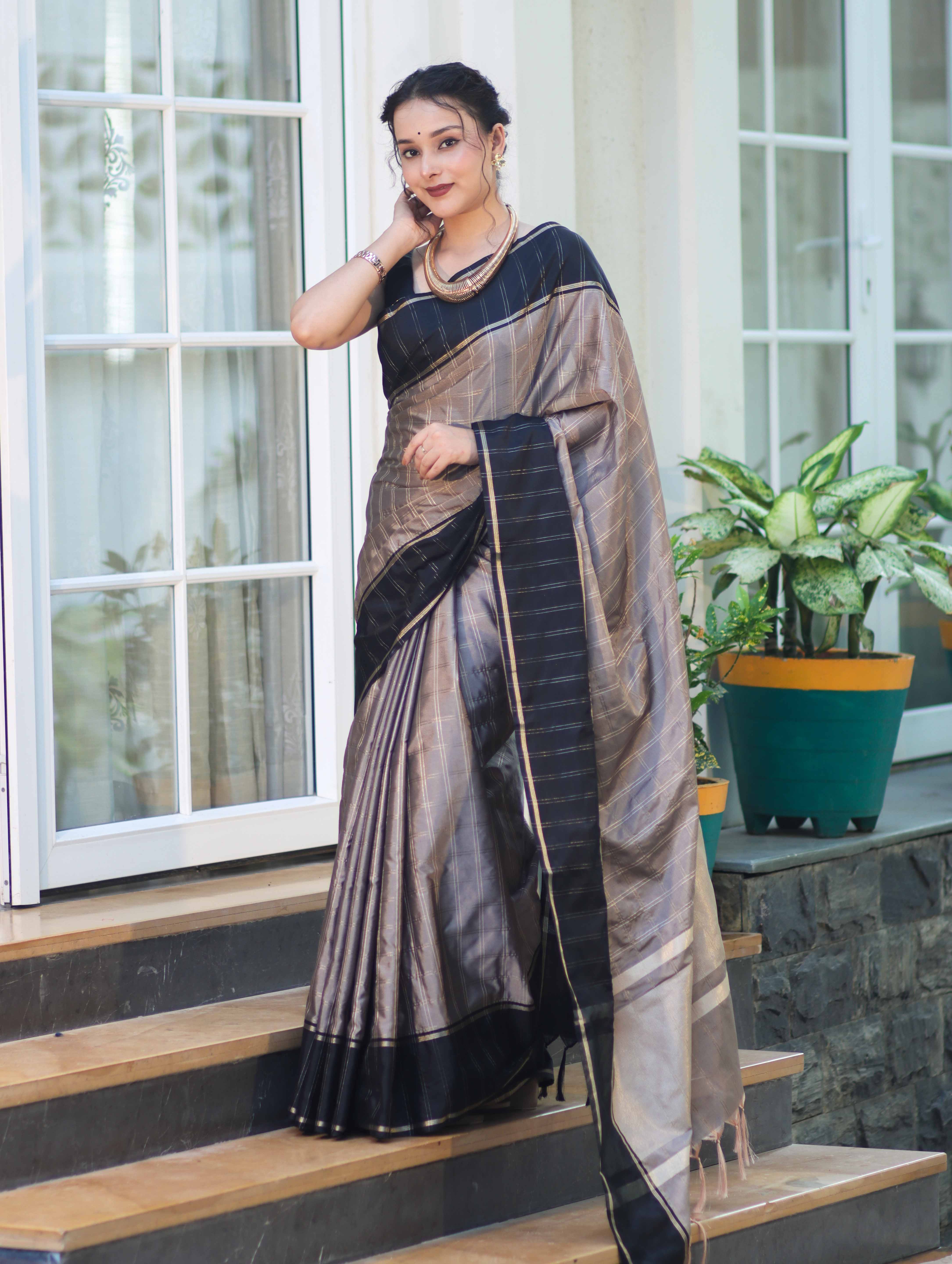 Banarasee Handloom Semi Silk Saree With Checks Pattern & Contrast Border-Grey & Black