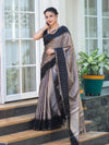 Banarasee Handloom Semi Silk Saree With Checks Pattern & Contrast Border-Grey & Black