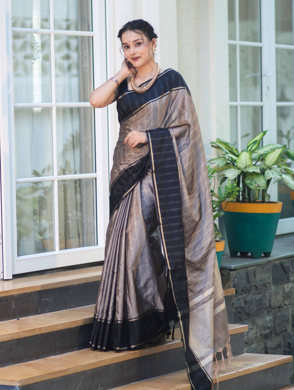 Banarasee Handloom Semi Silk Saree With Checks Pattern & Contrast Border-Grey & Black