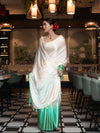 Banarasee Handloom Satin Hand Dyed Saree With Mirror Work-Light Yellow & Mint Green