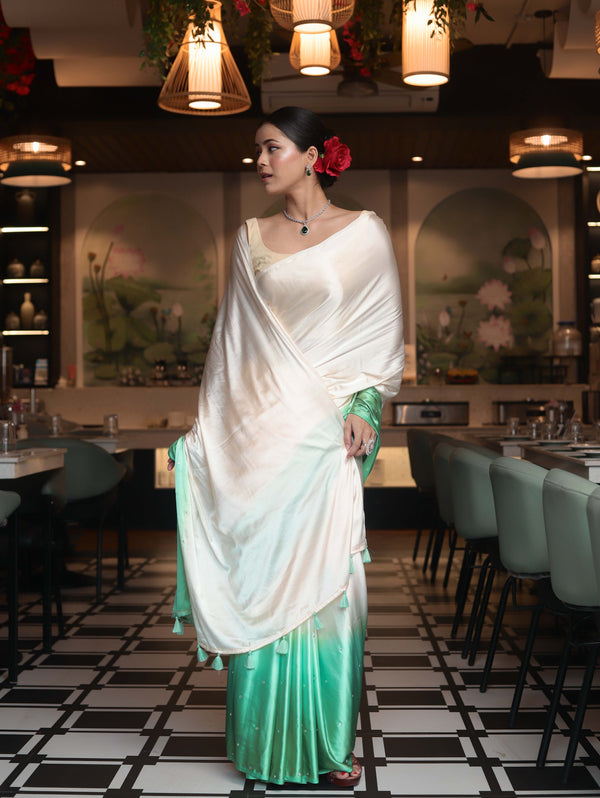 Banarasee Handloom Satin Hand Dyed Saree With Mirror Work-Light Yellow & Mint Green