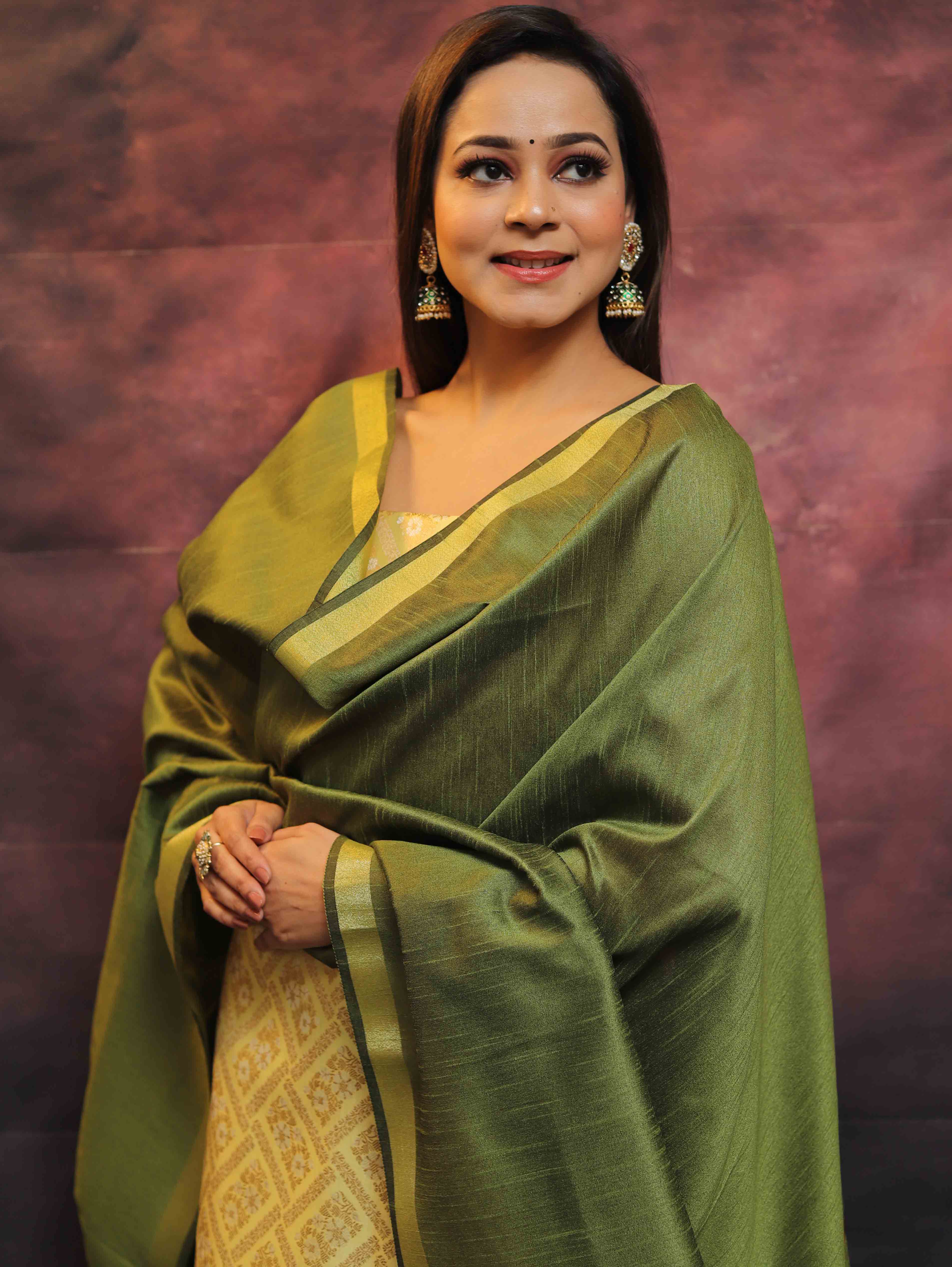 Banarasee Brocade Work Salwar Kameez Fabric & Plain Dupatta-Yellow & Green