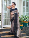 Banarasee Handloom Semi Silk Saree With Checks Pattern & Contrast Border-Grey & Black