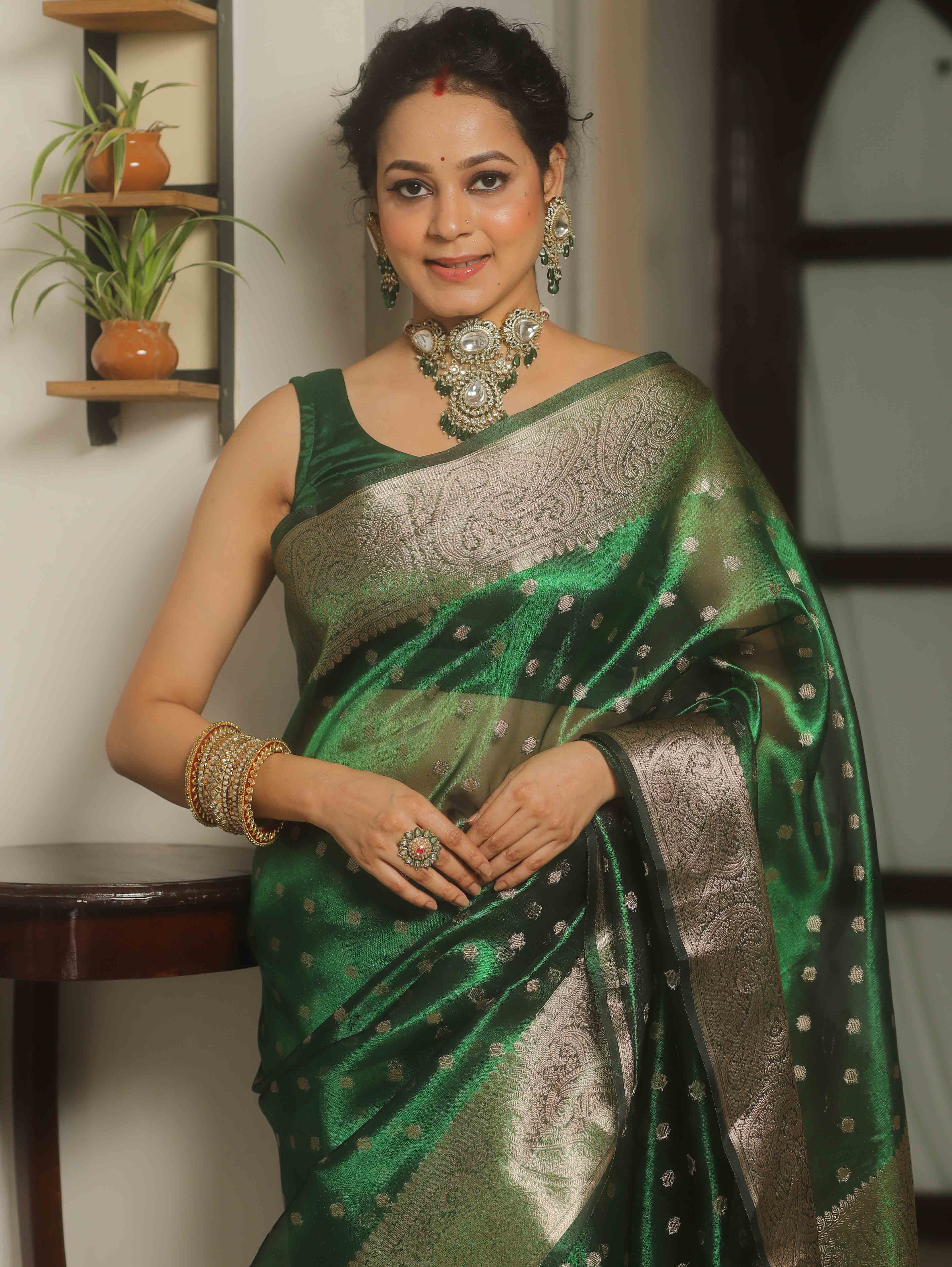 Banarasee Handwoven Tissue Saree Zari Border With Buti Design-Green