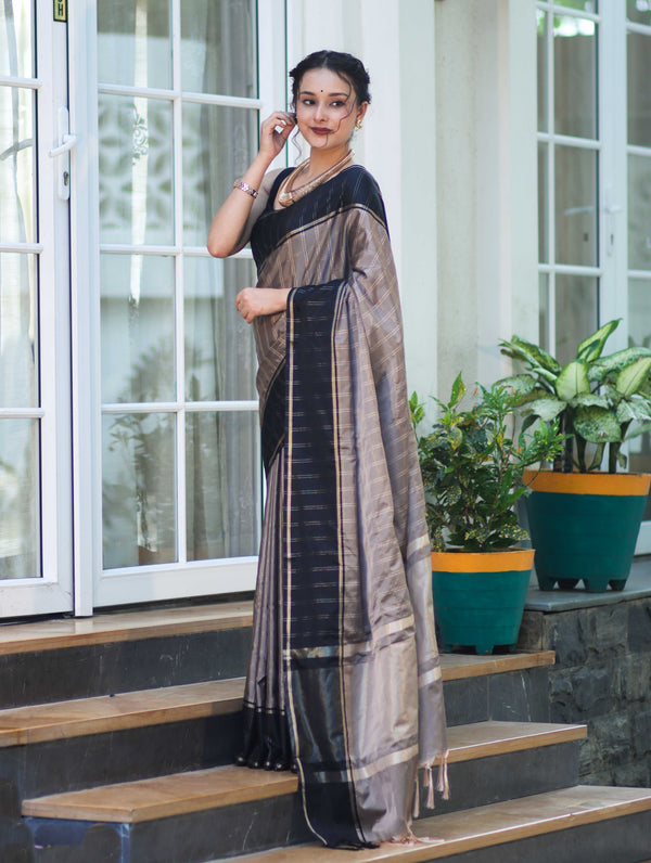 Banarasee Handloom Semi Silk Saree With Checks Pattern & Contrast Border-Grey & Black