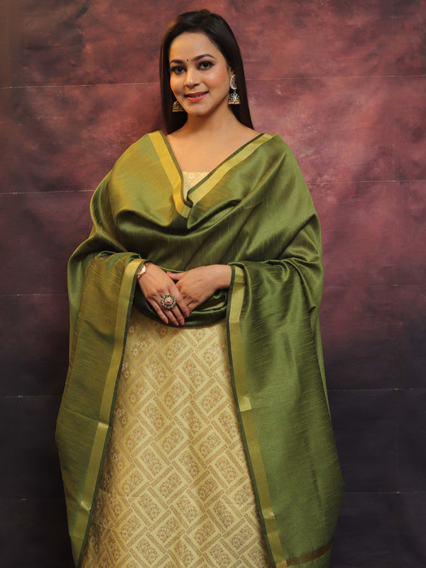 Banarasee Brocade Work Salwar Kameez Fabric & Plain Dupatta-Yellow & Green