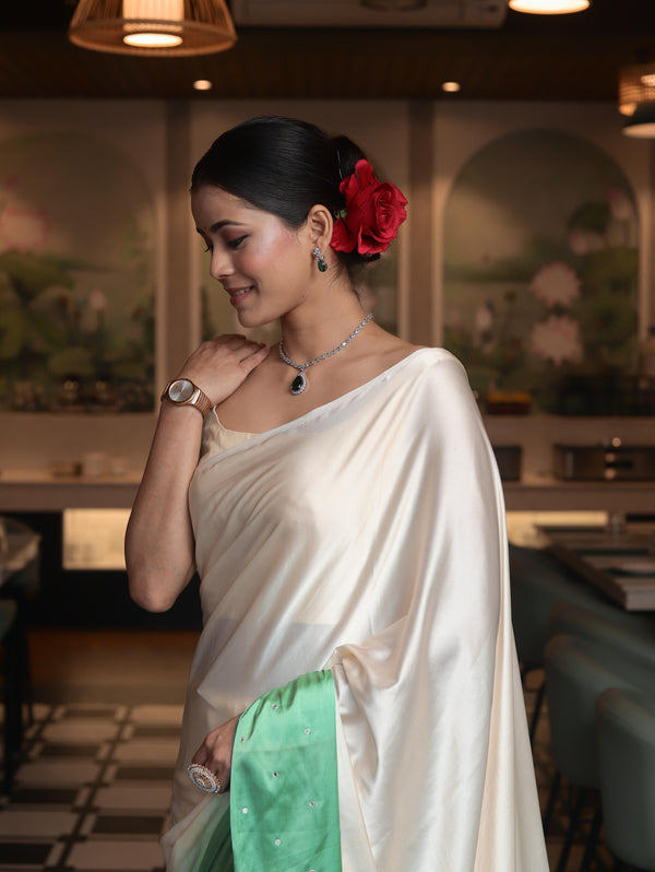 Banarasee Handloom Satin Hand Dyed Saree With Mirror Work-Light Yellow & Mint Green