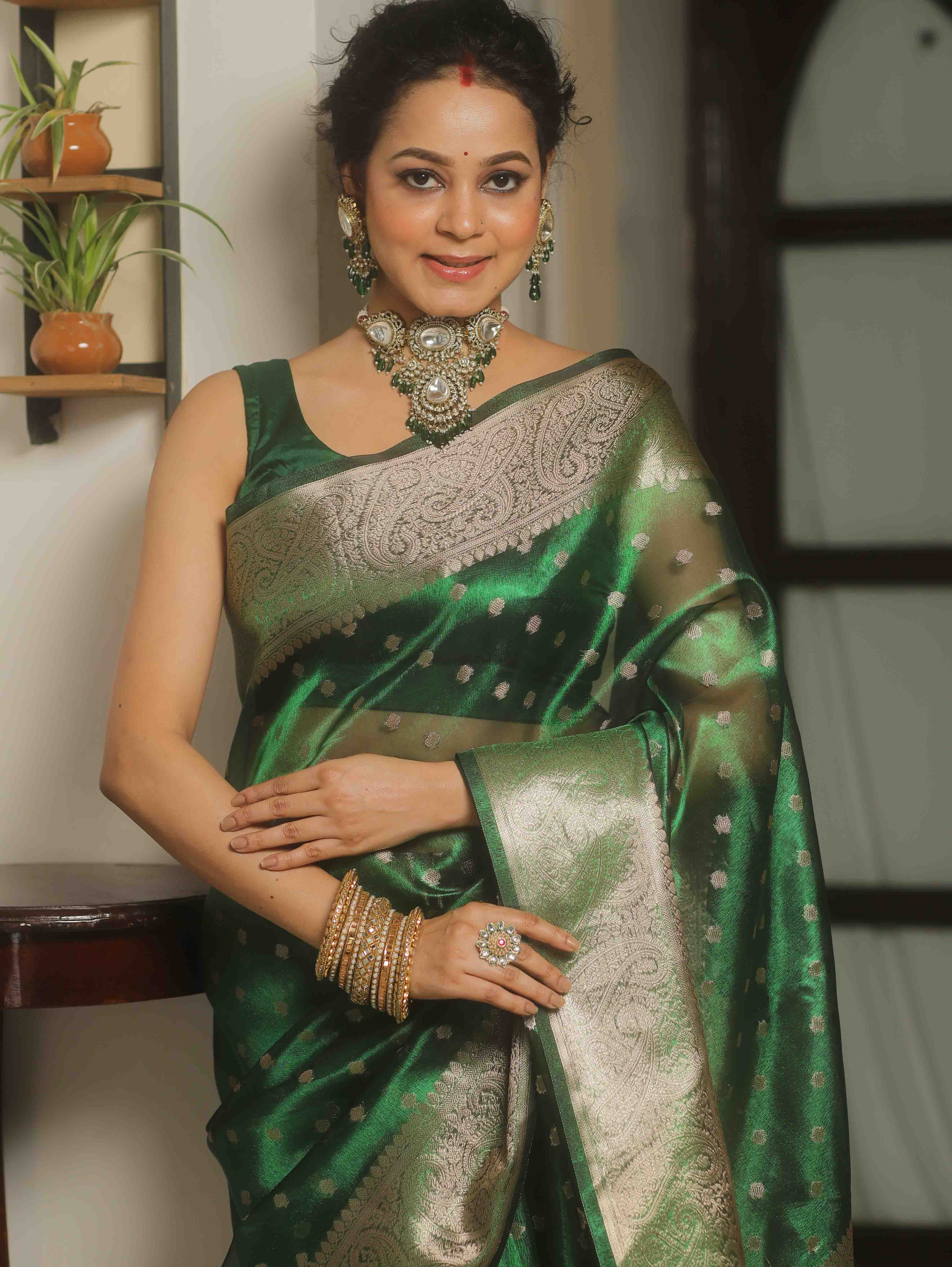 Banarasee Handwoven Tissue Saree Zari Border With Buti Design-Green