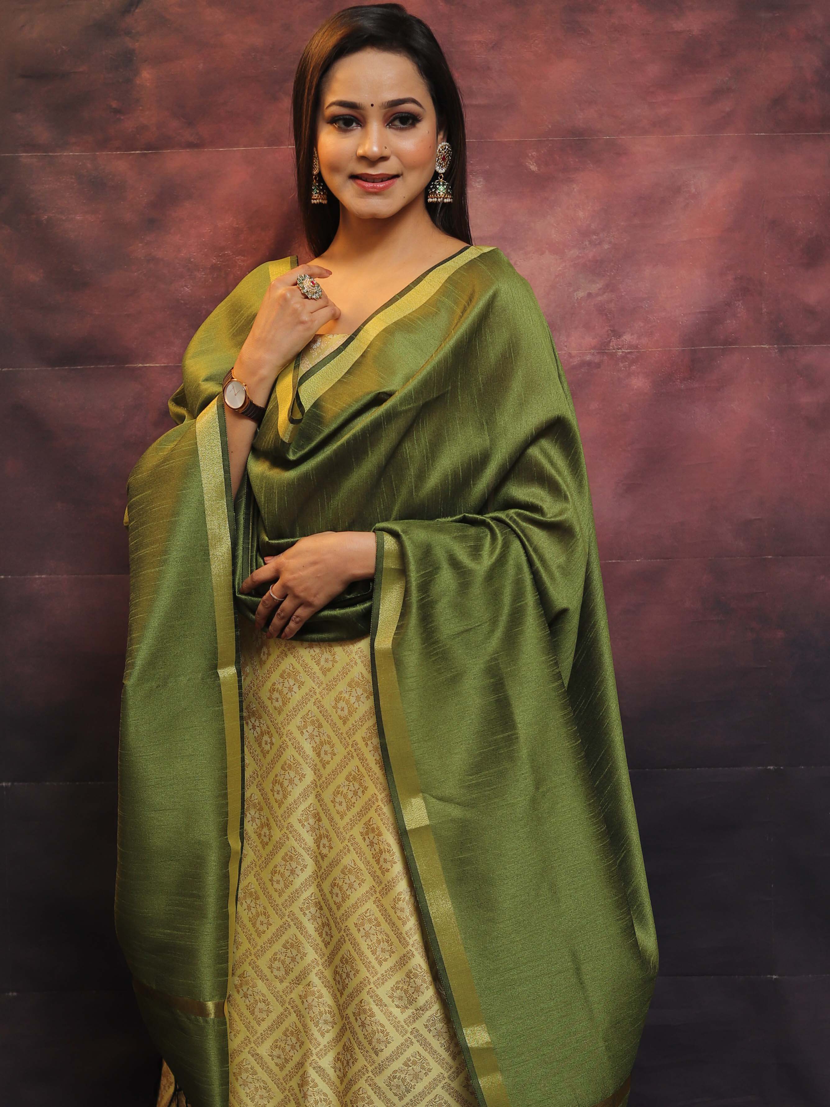 Banarasee Brocade Work Salwar Kameez Fabric & Plain Dupatta-Yellow & Green