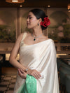 Banarasee Handloom Satin Hand Dyed Saree With Mirror Work-Light Yellow & Mint Green