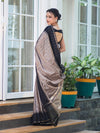 Banarasee Handloom Semi Silk Saree With Checks Pattern & Contrast Border-Grey & Black