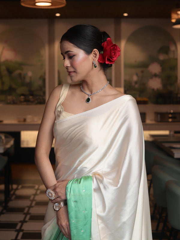 Banarasee Handloom Satin Hand Dyed Saree With Mirror Work-Light Yellow & Mint Green