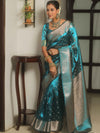 Banarasee Handwoven Tissue Saree Zari Border With Buti Design-Teal Blue