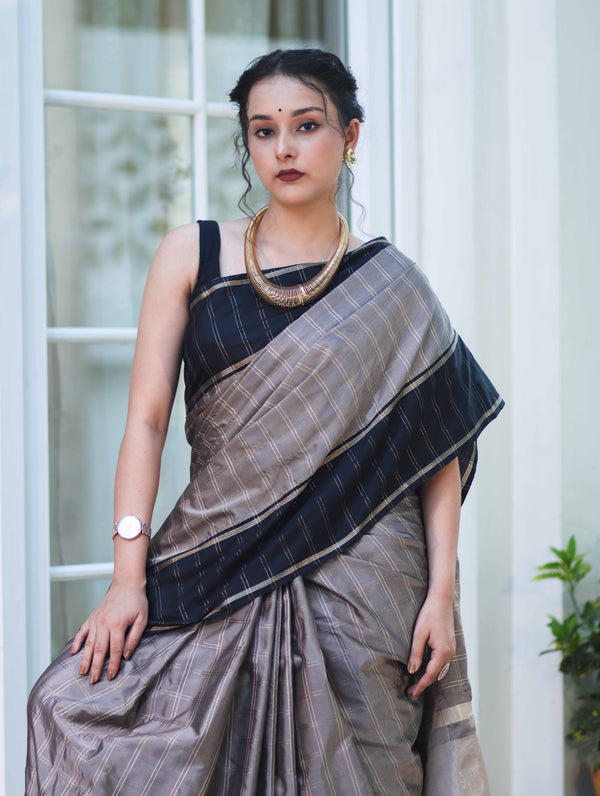 Banarasee Handloom Semi Silk Saree With Checks Pattern & Contrast Border-Grey & Black