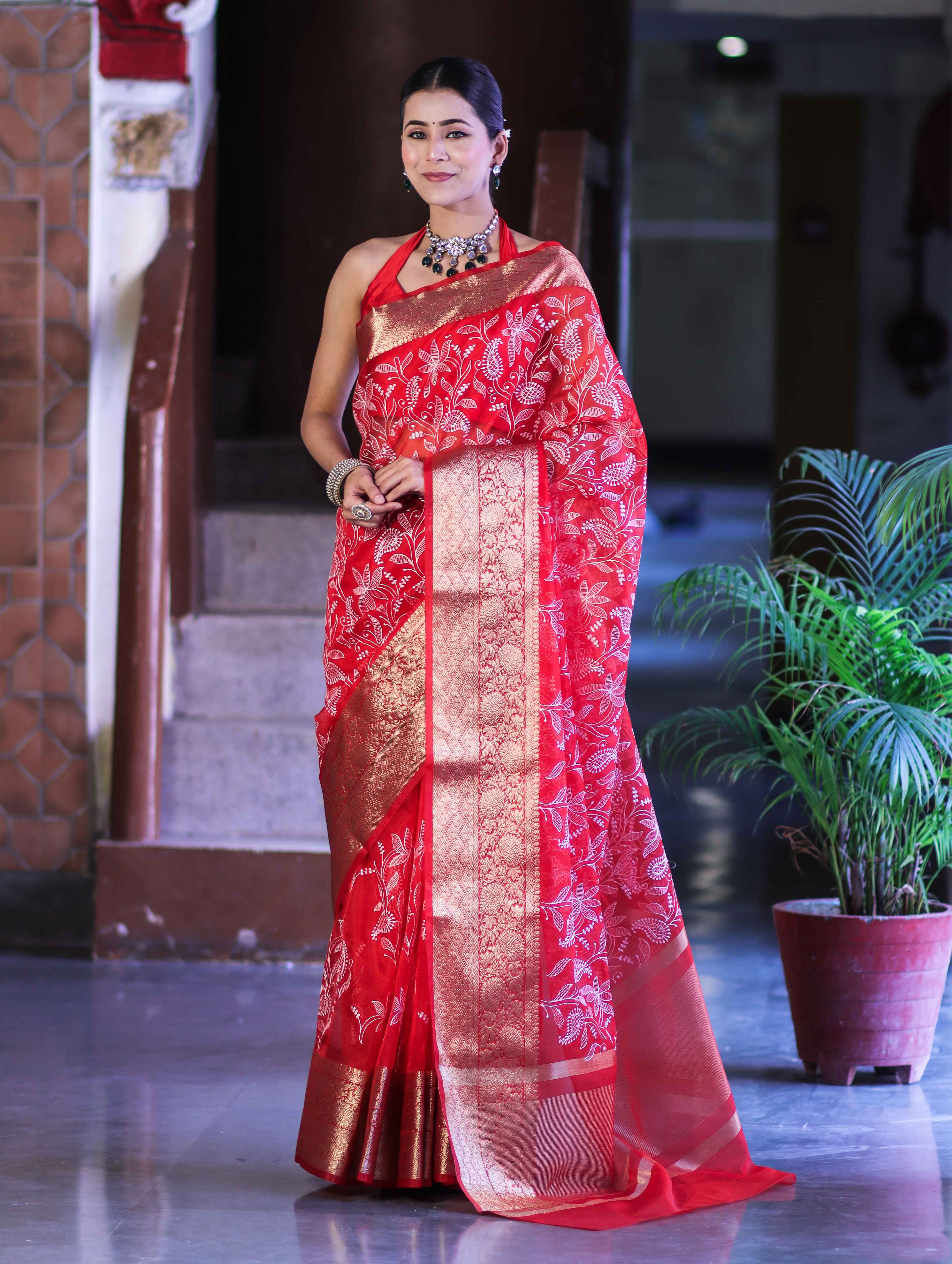 Banarasee Organza Mix Saree With Thread Embroidered Work & Zari Border-Red