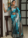 Banarasee Handwoven Tissue Saree Zari Border With Buti Design-Teal Blue