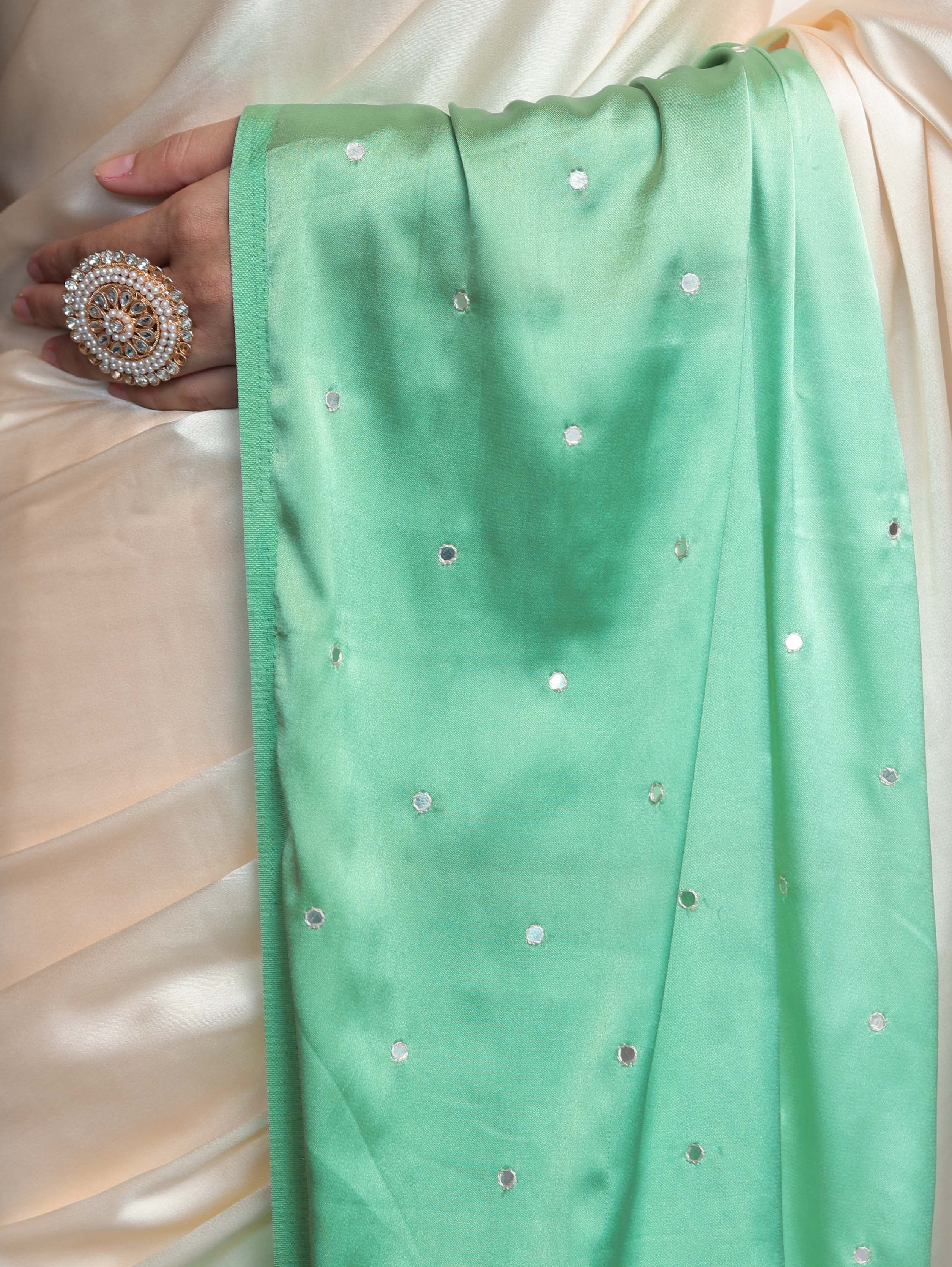 Banarasee Handloom Satin Hand Dyed Saree With Mirror Work-Light Yellow & Mint Green