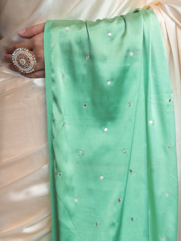 Banarasee Handloom Satin Hand Dyed Saree With Mirror Work-Light Yellow & Mint Green