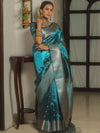 Banarasee Handwoven Tissue Saree Zari Border With Buti Design-Teal Blue