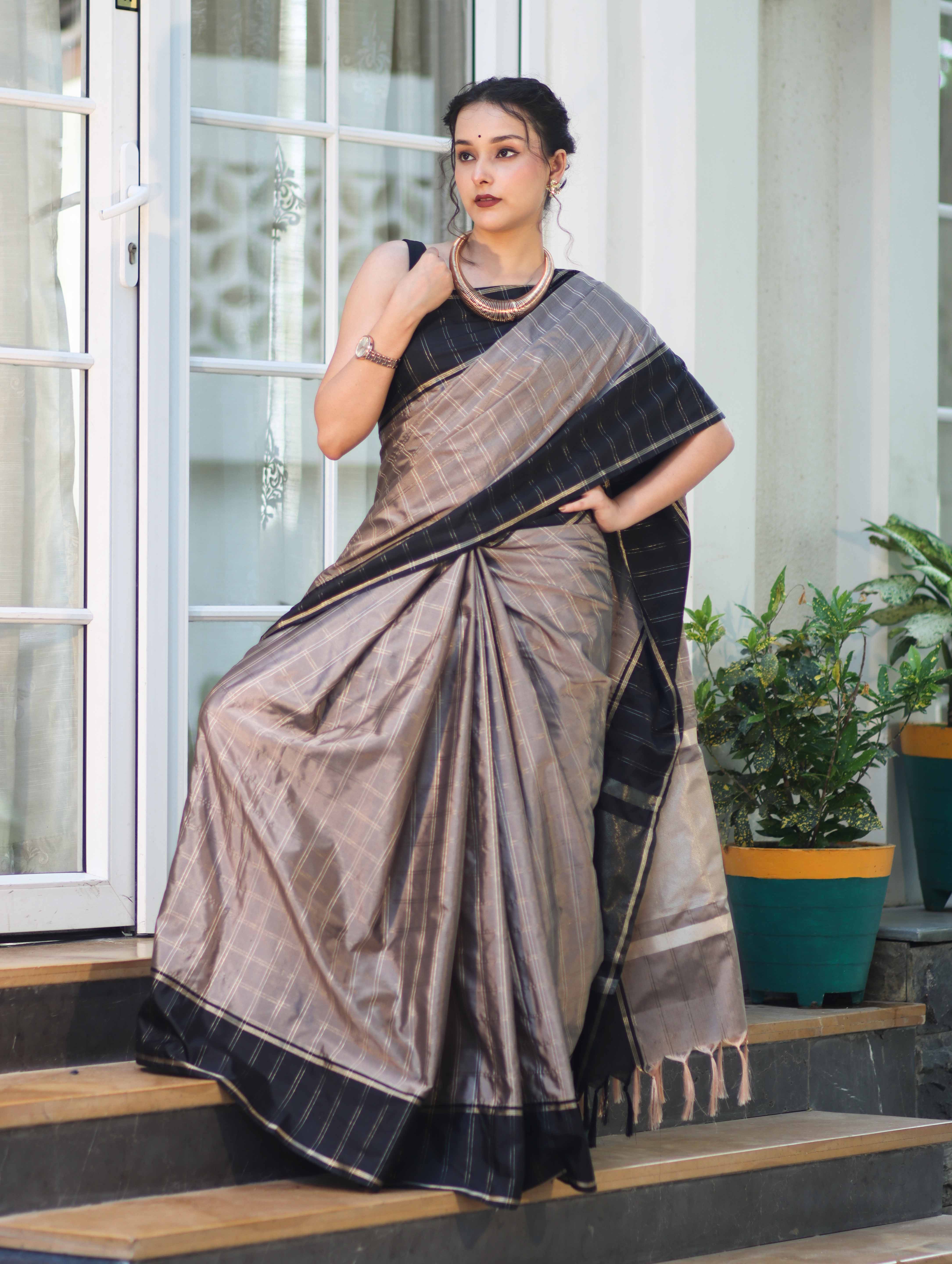 Banarasee Handloom Semi Silk Saree With Checks Pattern & Contrast Border-Grey & Black