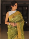 Bhagalpur Cotton Silk Ghichha Work Hand-Dyed Shibori Pattern Saree-Green