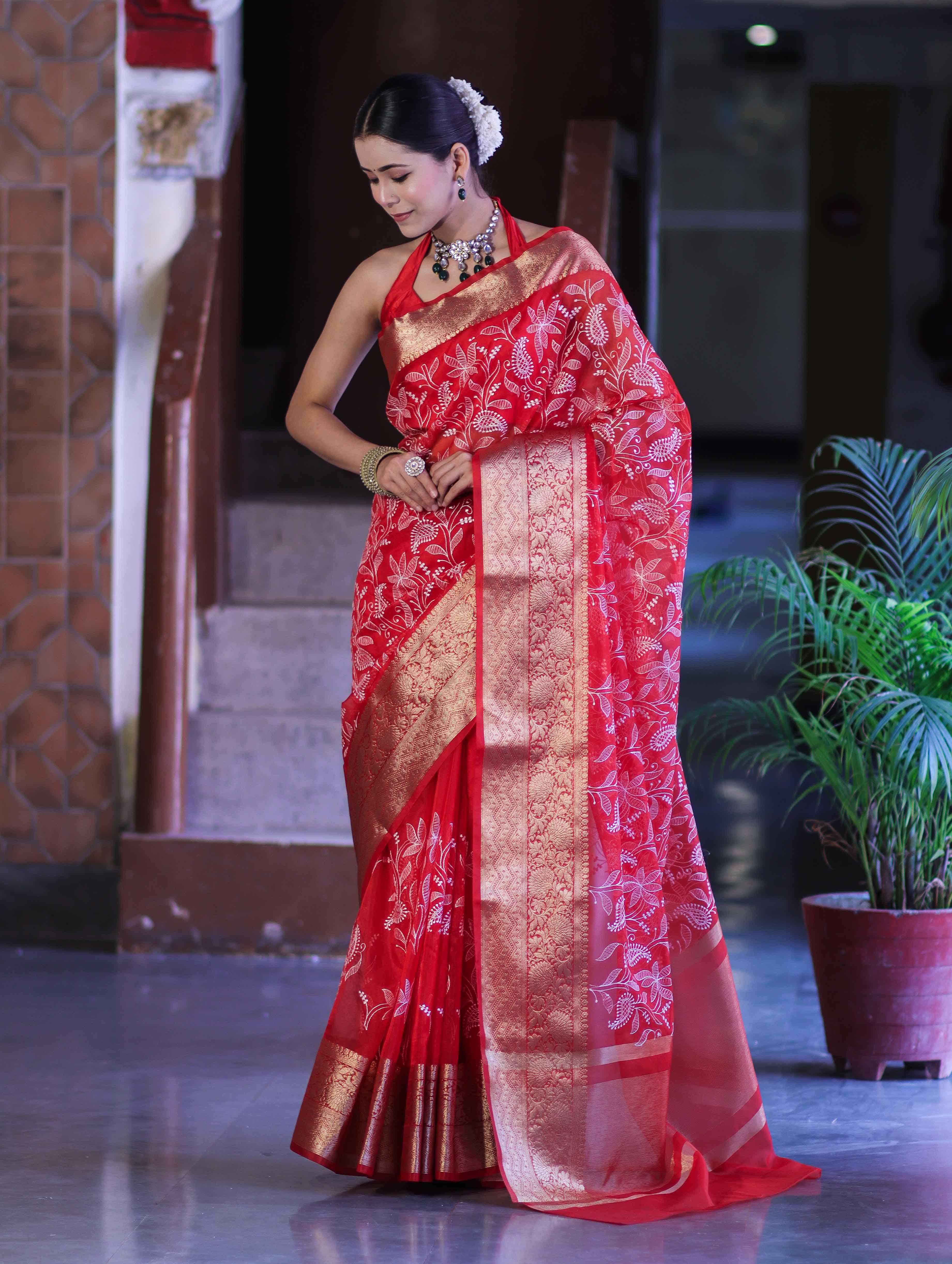 Banarasee Organza Mix Saree With Thread Embroidered Work & Zari Border-Red
