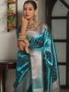 Banarasee Handwoven Tissue Saree Zari Border With Buti Design-Teal Blue