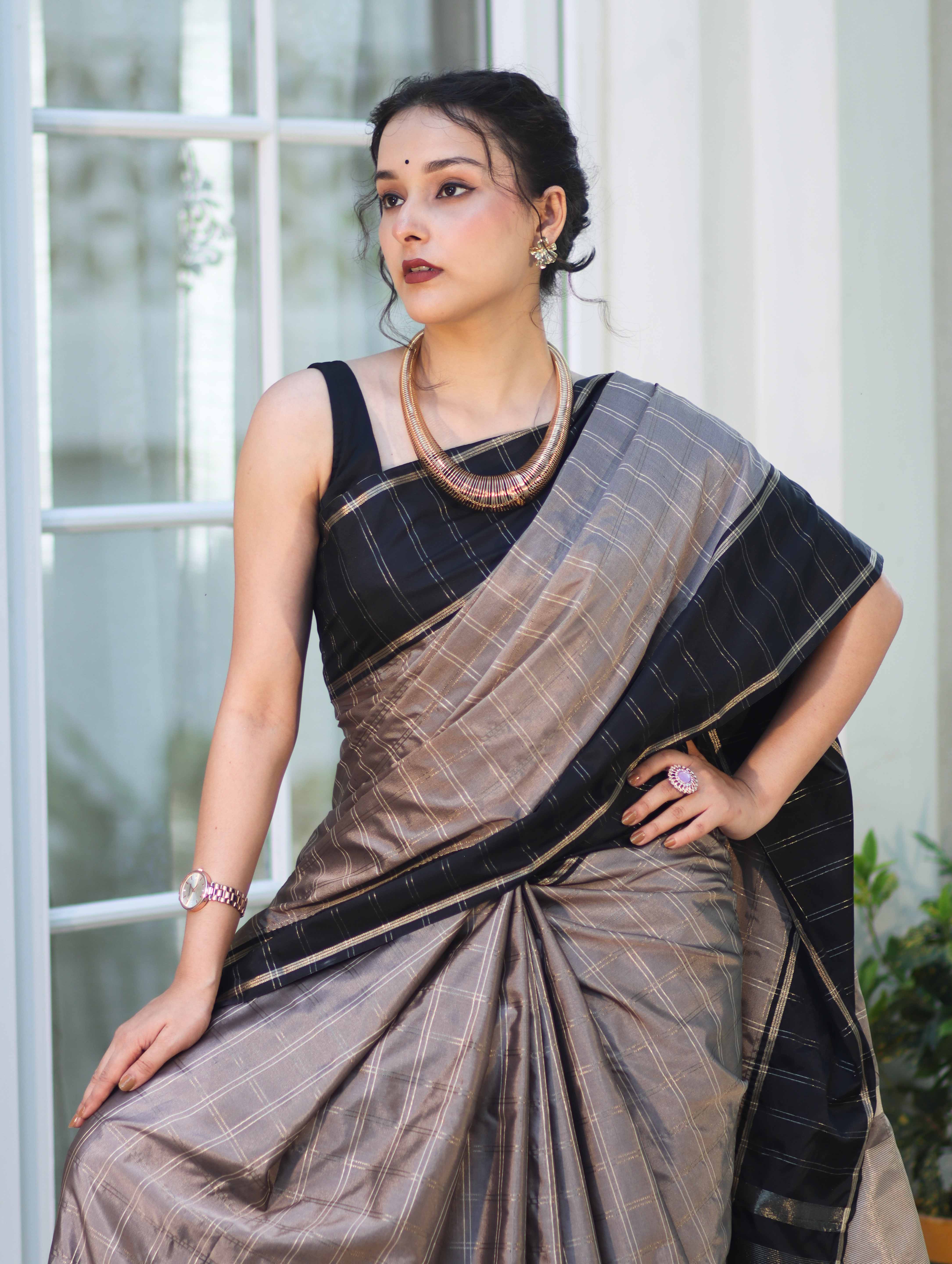 Banarasee Handloom Semi Silk Saree With Checks Pattern & Contrast Border-Grey & Black