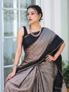 Banarasee Handloom Semi Silk Saree With Checks Pattern & Contrast Border-Grey & Black