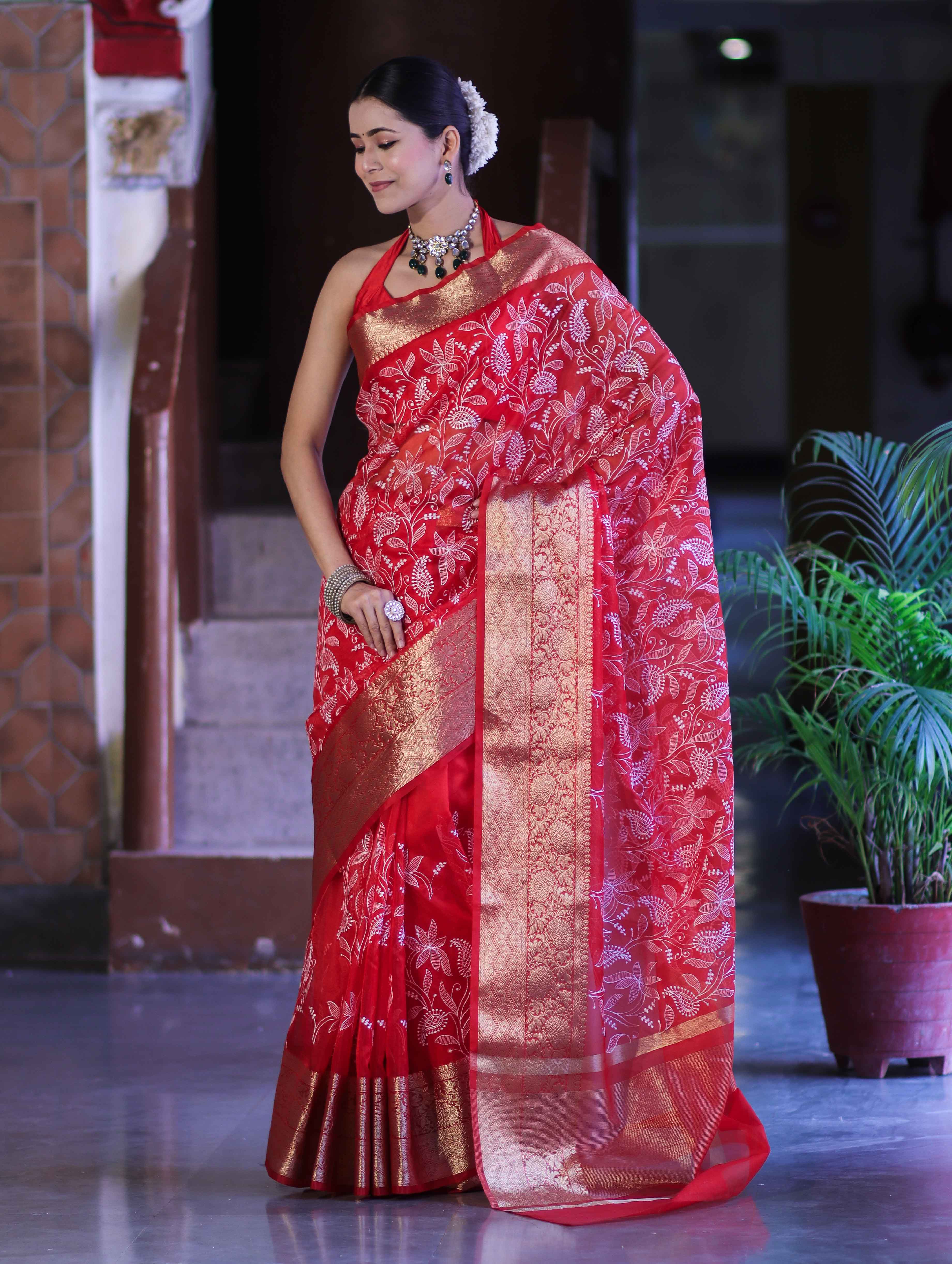 Banarasee Organza Mix Saree With Thread Embroidered Work & Zari Border-Red