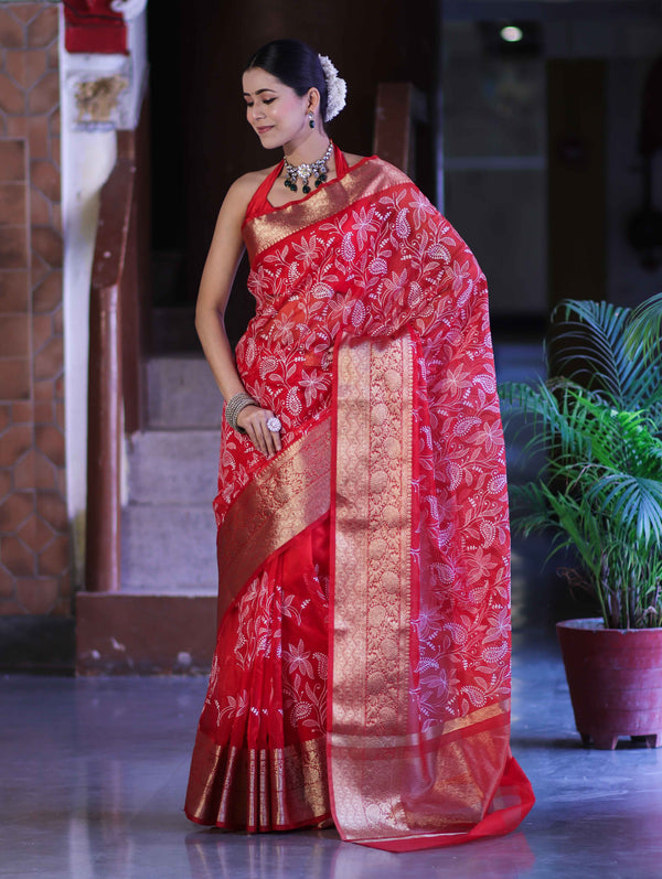 Banarasee Organza Mix Saree With Thread Embroidered Work & Zari Border-Red