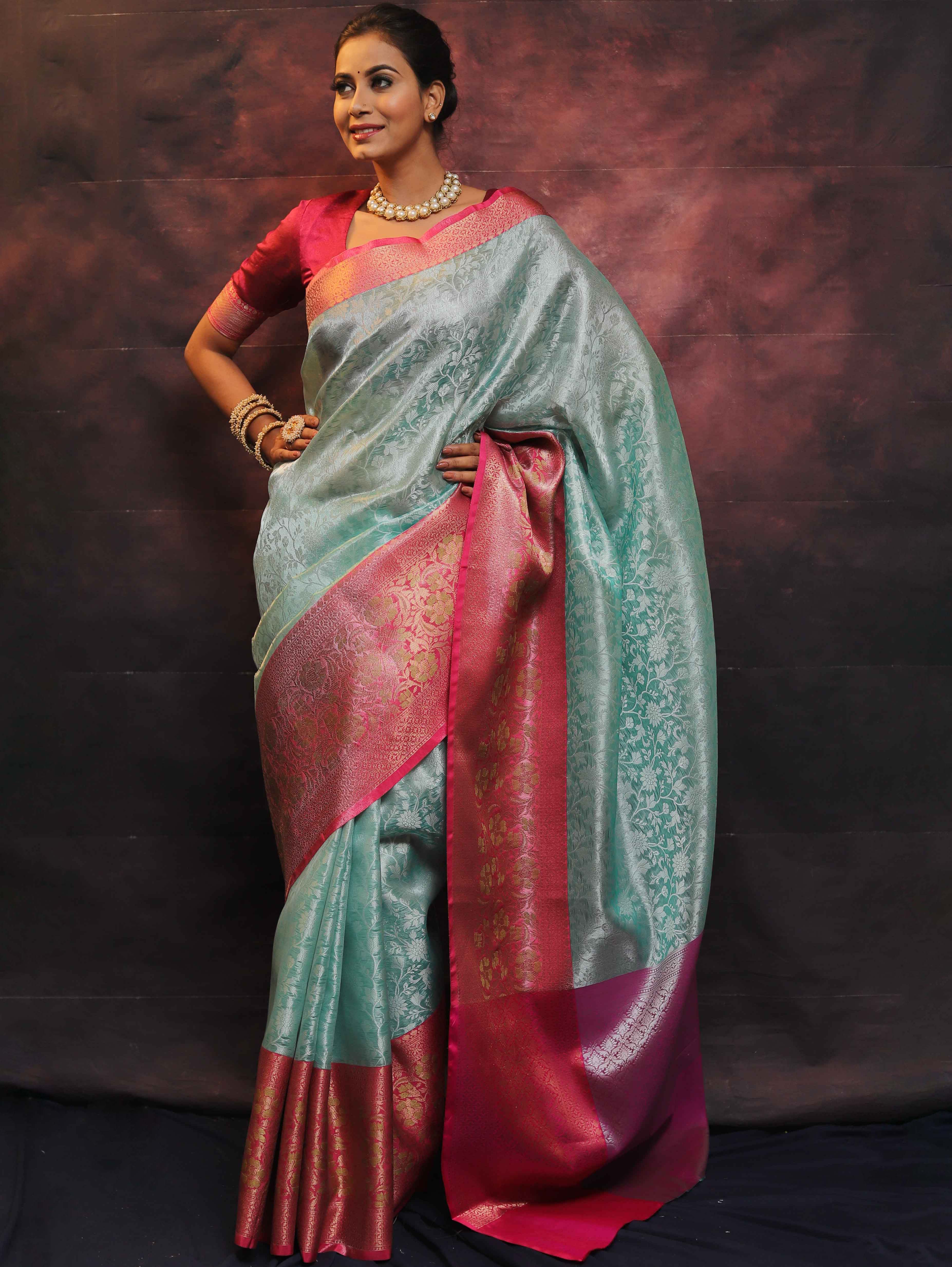 Banarasee Handwoven Broad Border Zari Jaal Design Tissue Saree-Sea Green & Pink